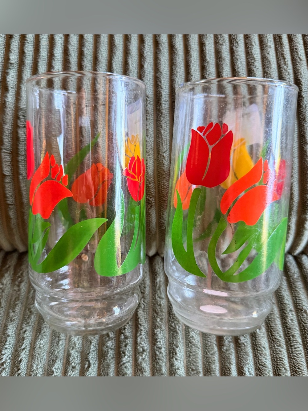 Set of 2 Tulip Glasses with Red & Orange Floral Design vintage